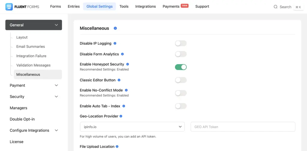 Fluent Forms honeypot