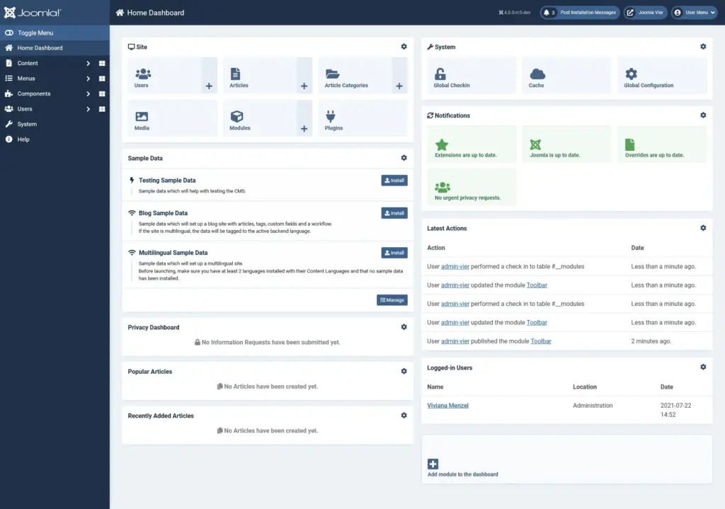 Joomla dashboard