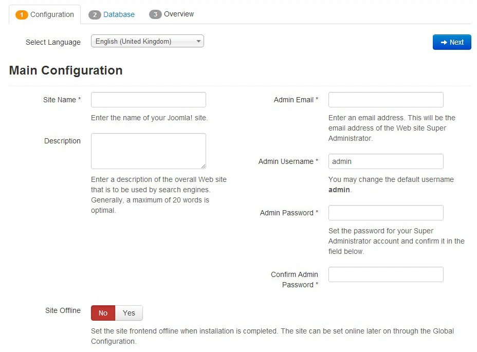 Joomla installation, setup process