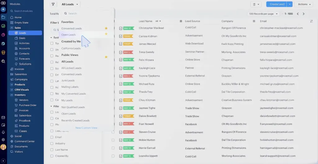 Zoho CRM's dashboard