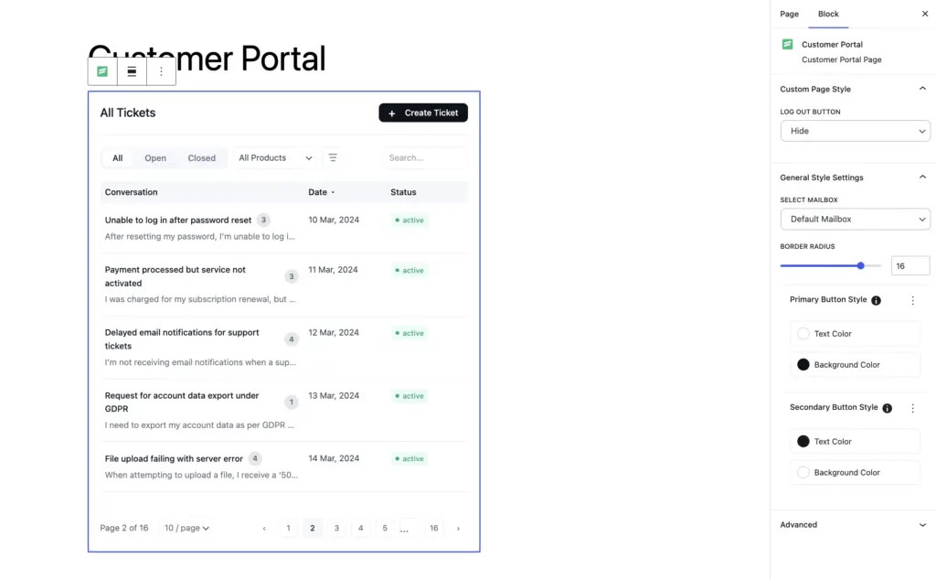 Customer Portal (Gutenberg Block)