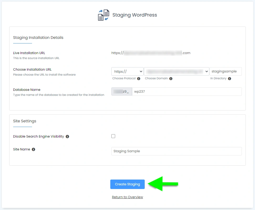 Bluehost softaculous create staging