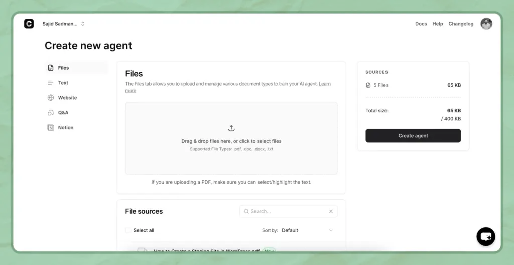 Chatbase's source upload options