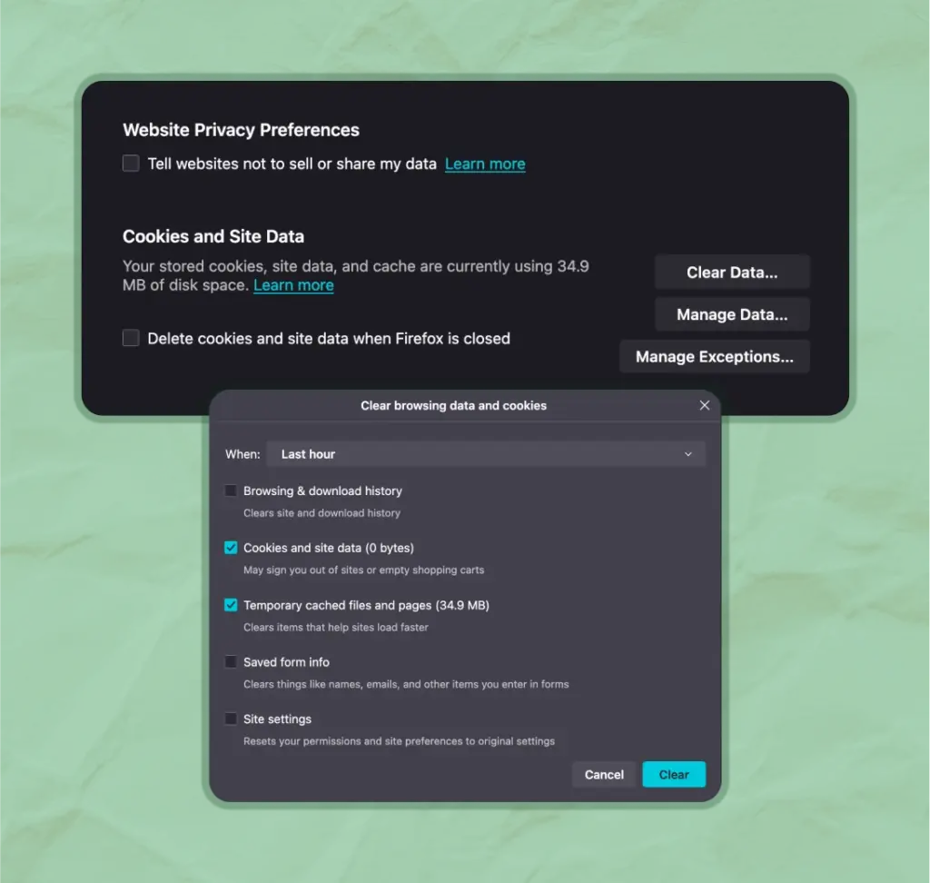 Clear cache and browsing data