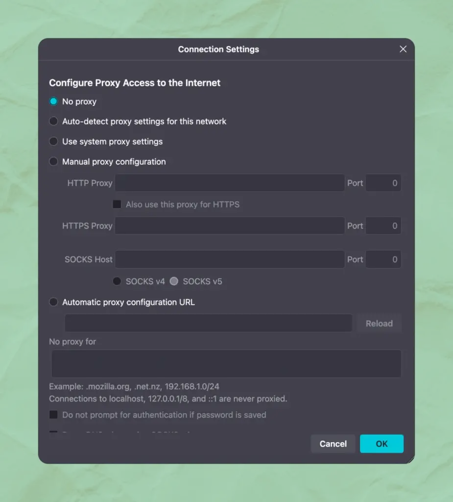 Connection setting in Fireflox