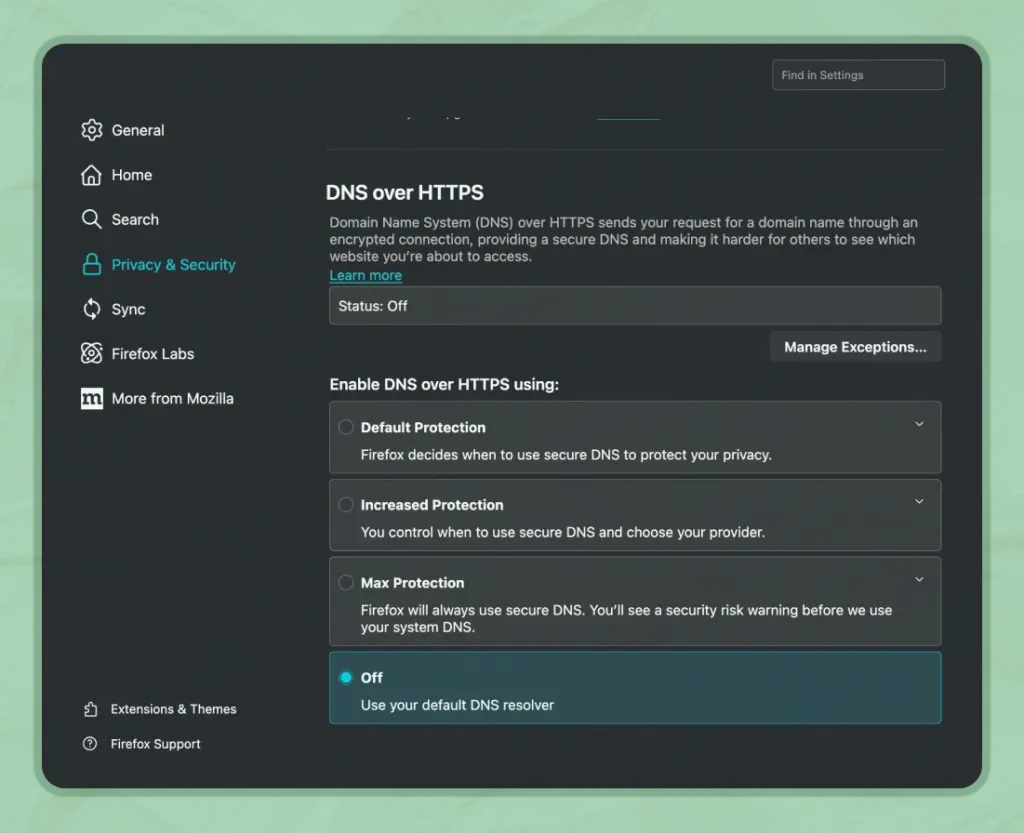 Disable DNS over HTTPS