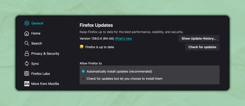 Firefox's Updates option