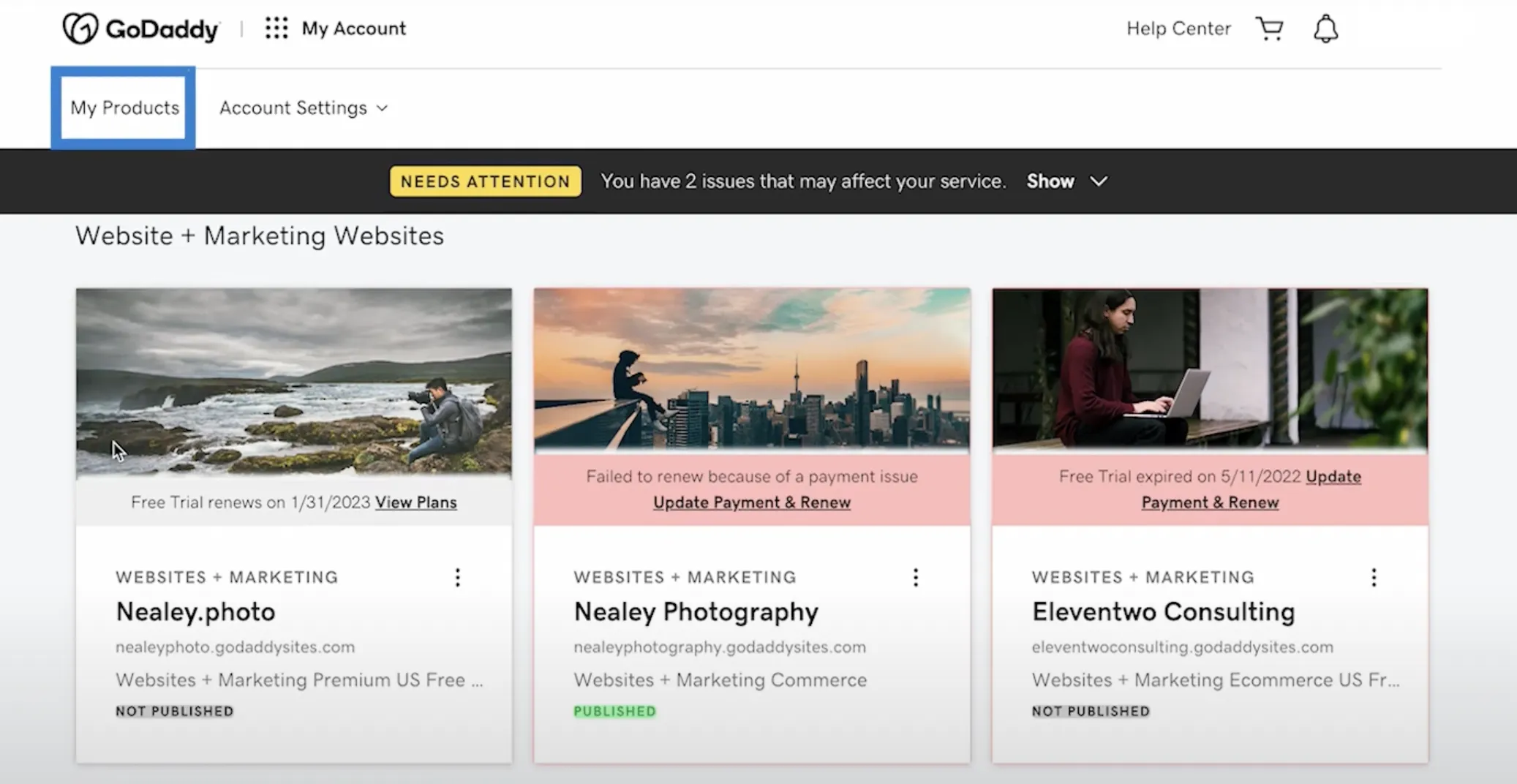 GoDaddy My products, wordpress staging site