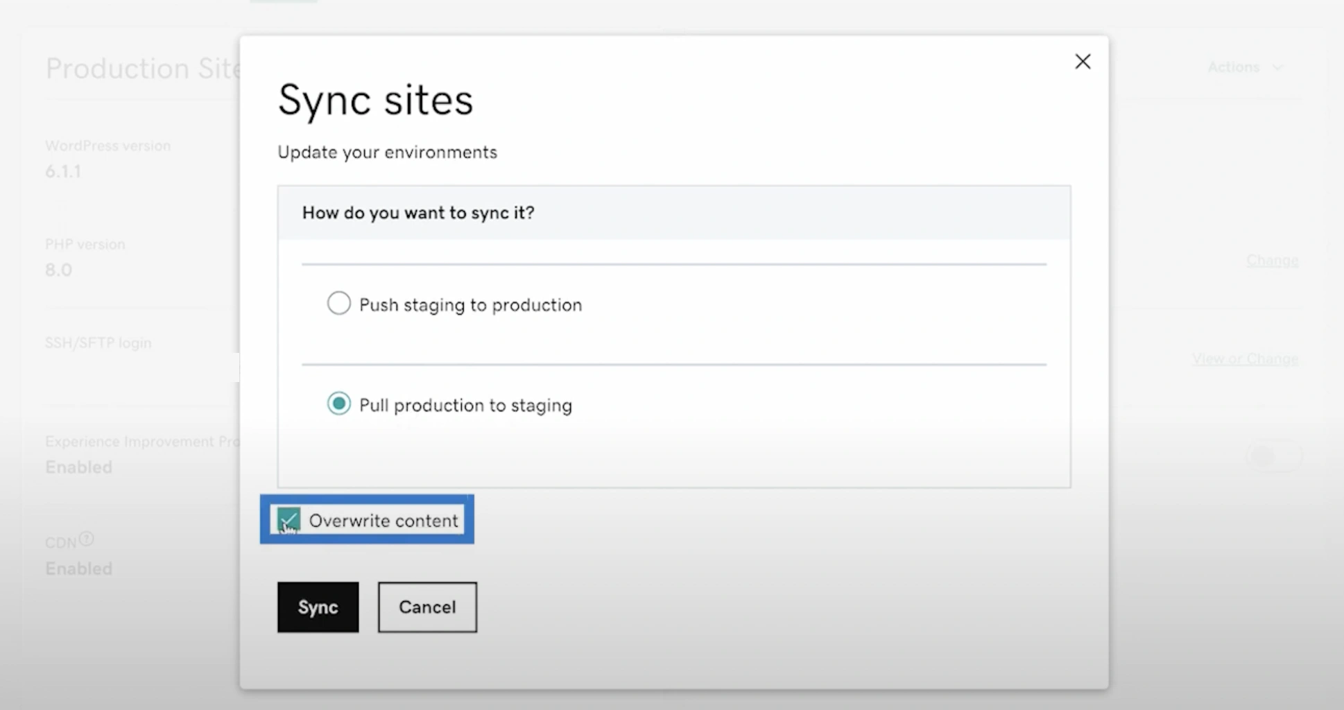 Godaddy pull production to staging
