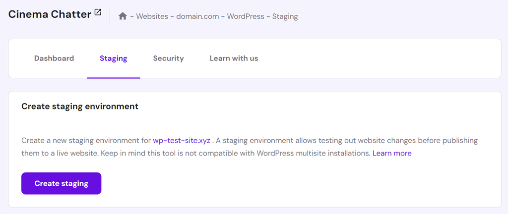 Hostinger wordpress create staging
