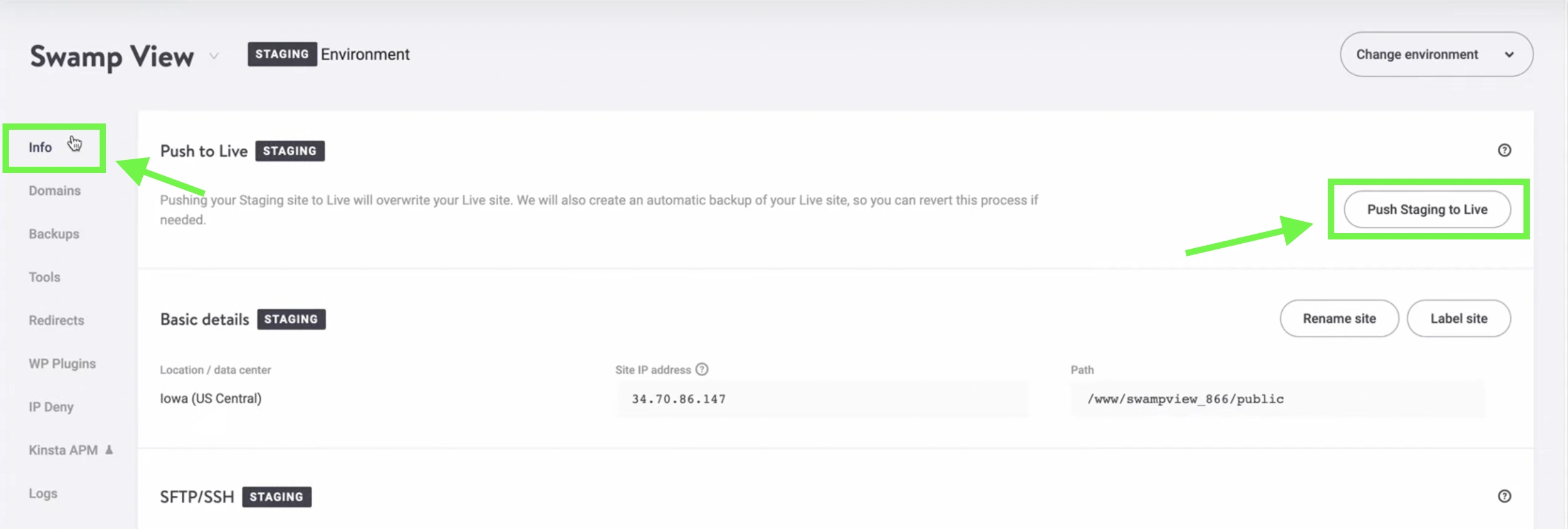 Kinsta staging push to live
