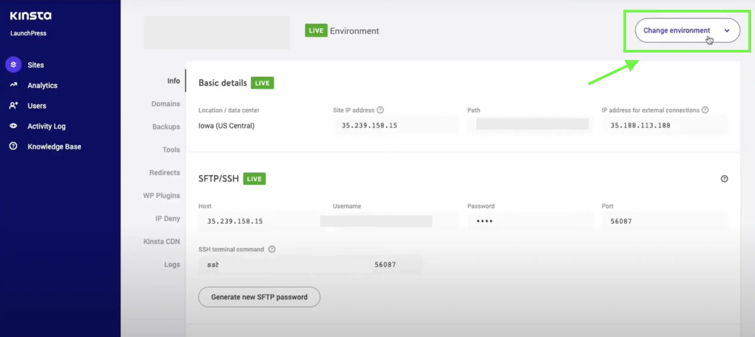 Mykinsta change environment
