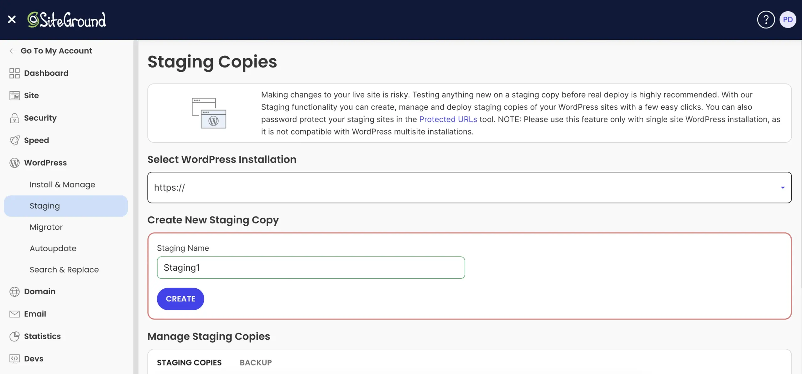 Siteground create staging