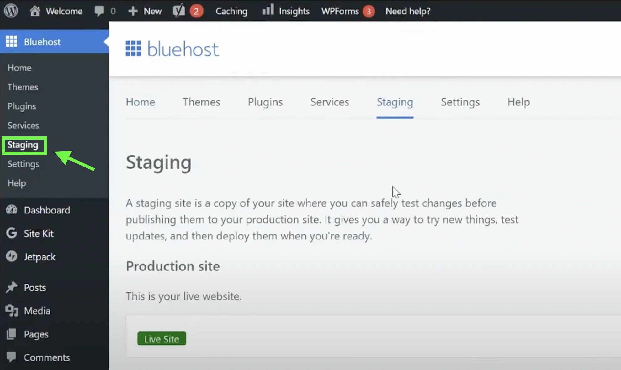 Wordpress staging site, Bluehost staging