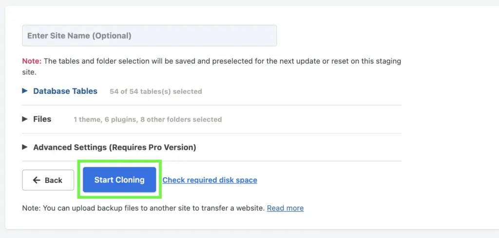 WP Staging start cloning, wordpress staging site