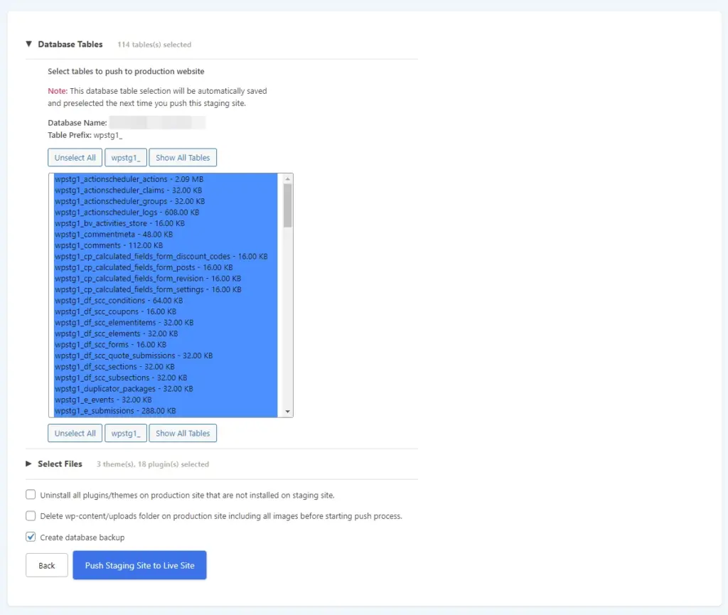 WP staging database, wordpress staging site