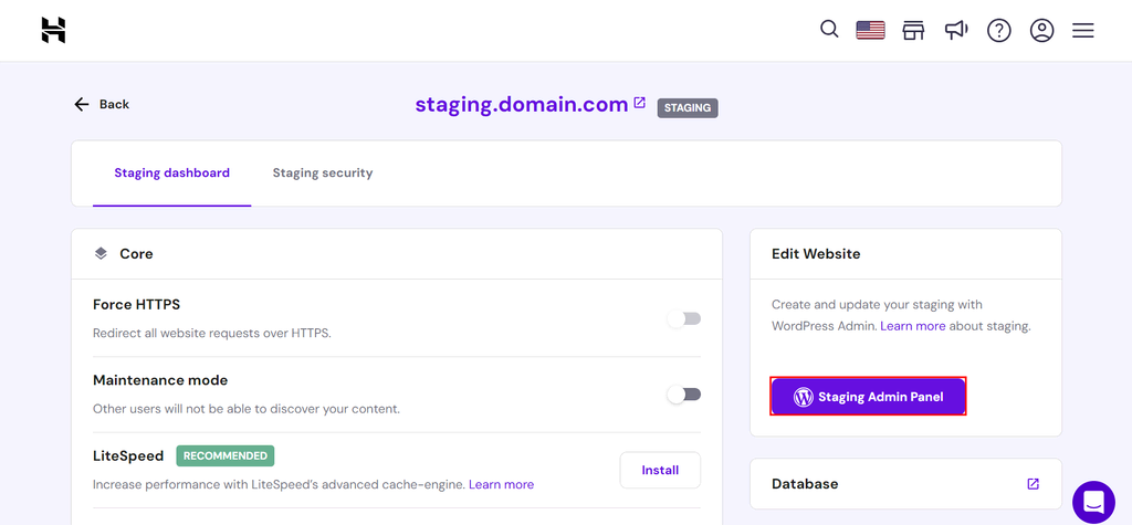 hostinger staging admin panel