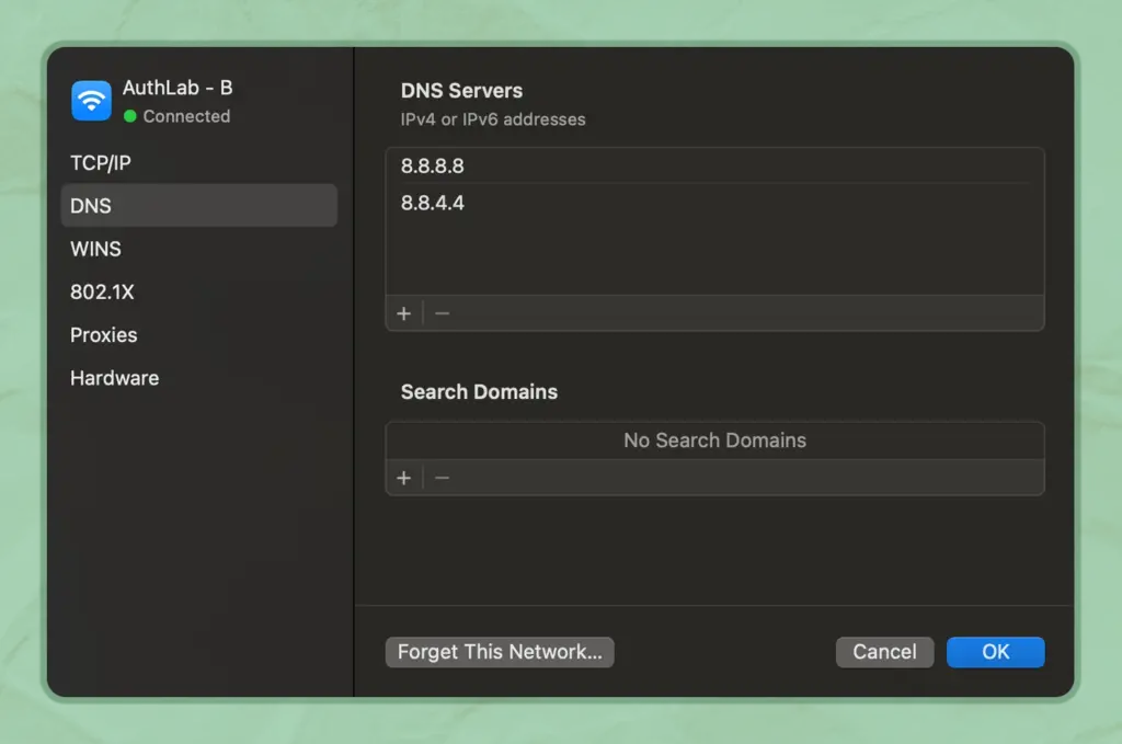 Changing DNS server on MacBook