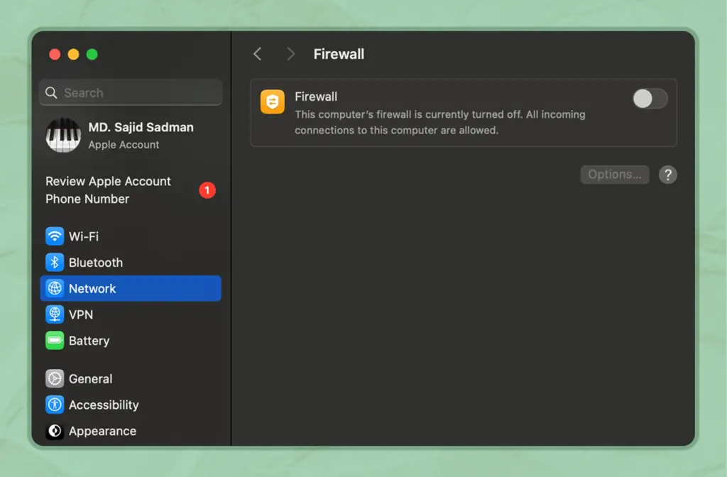 Turn off the Firewall on MacBook