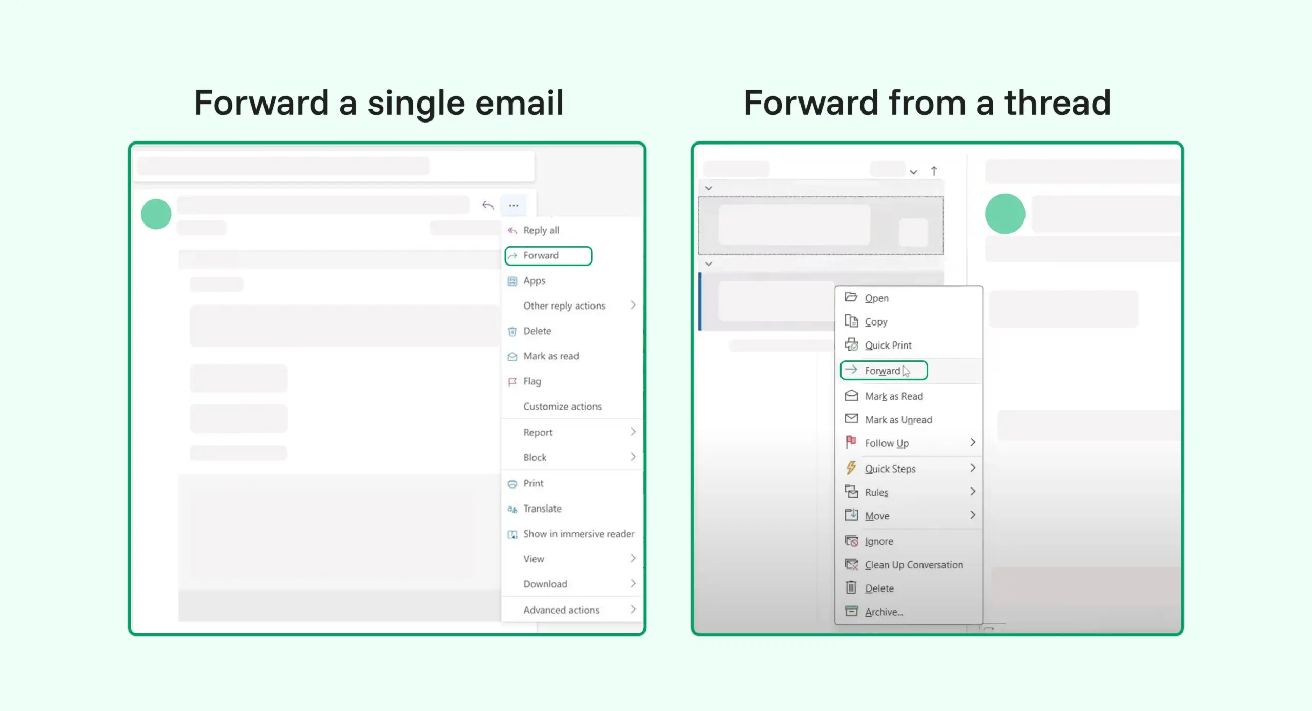 Outlook single email forwarding, Outlook thread email forwarding