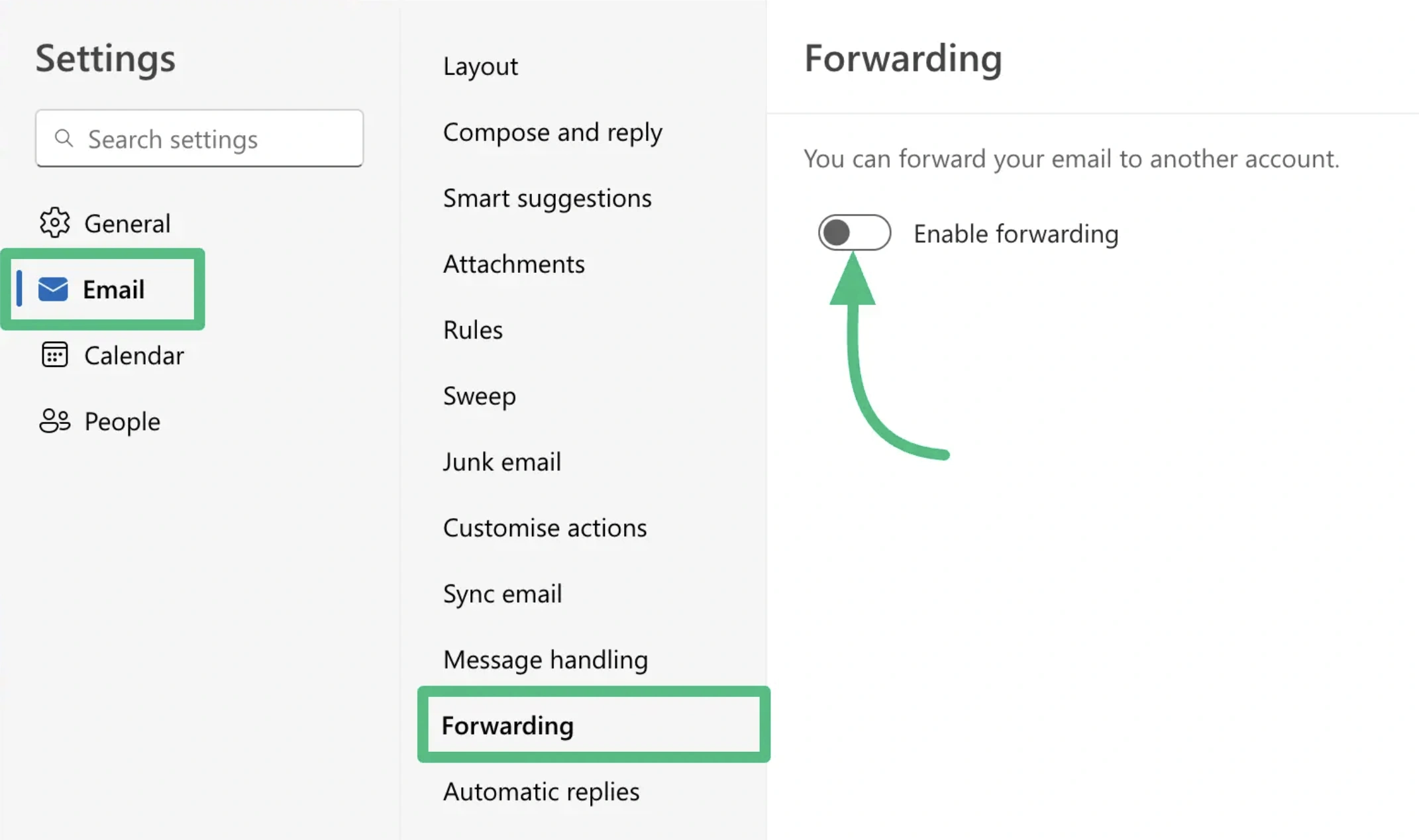 outlook email forward oprtion, fluent support email piping