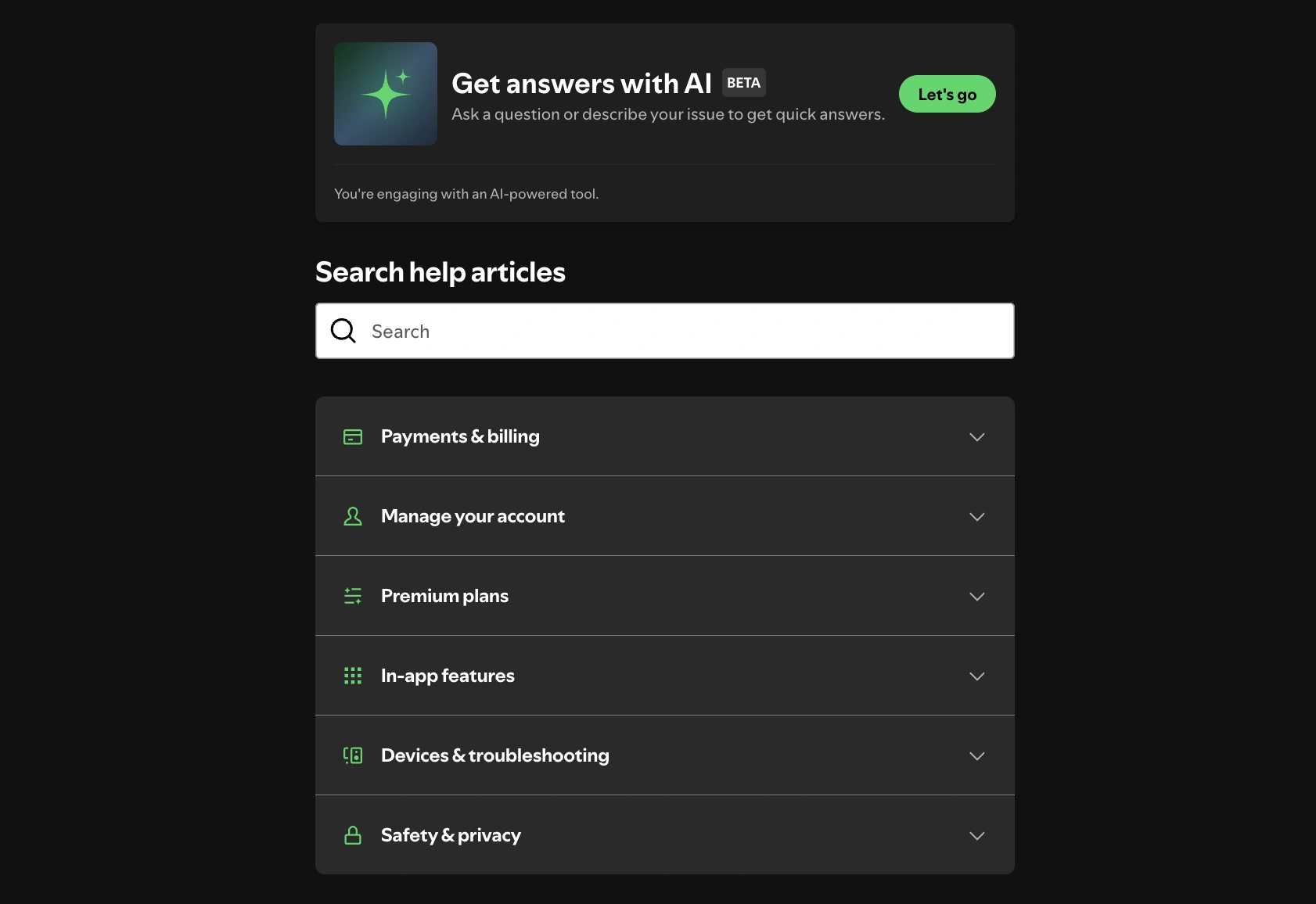 Spotify faq page, spotify customer support