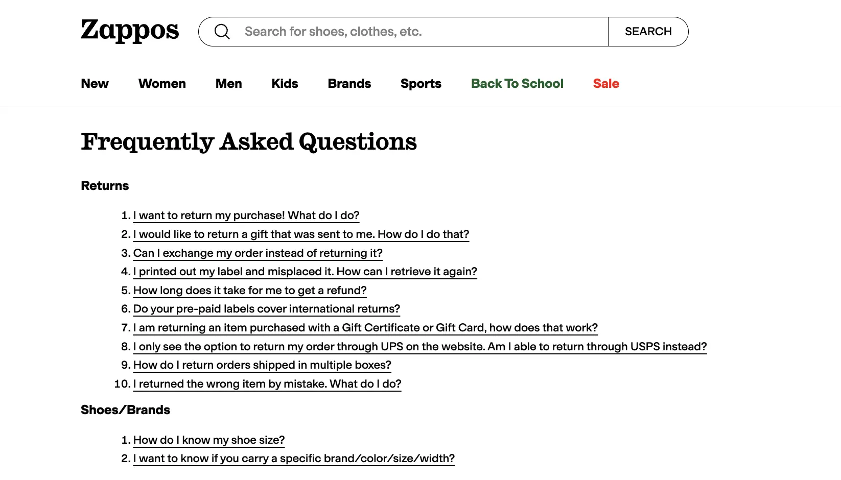 Zappos faq page