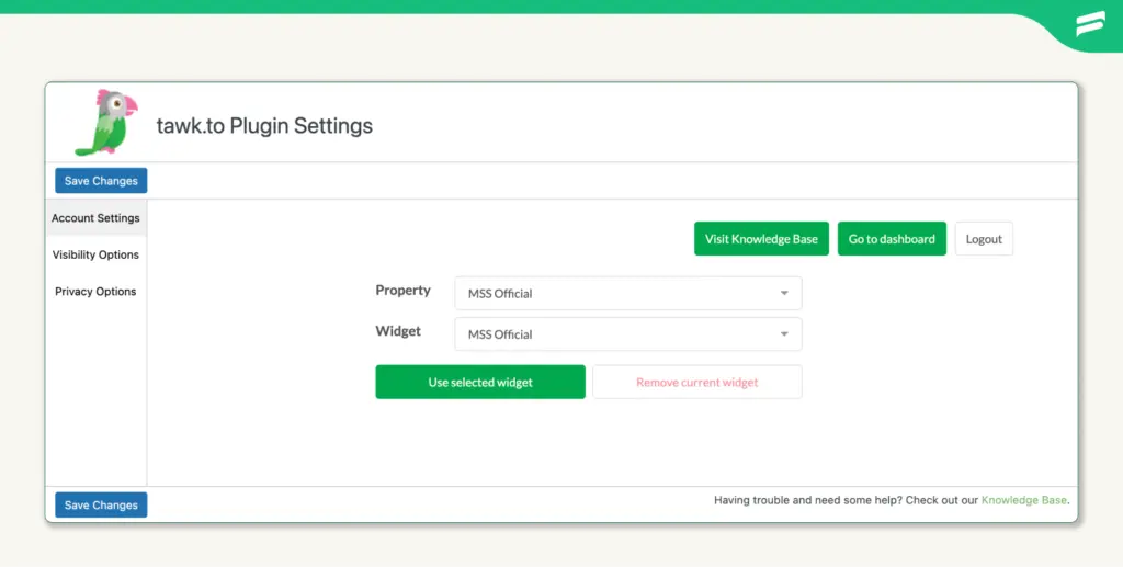 Tawk.to' plugin's property and widget setting option.webp