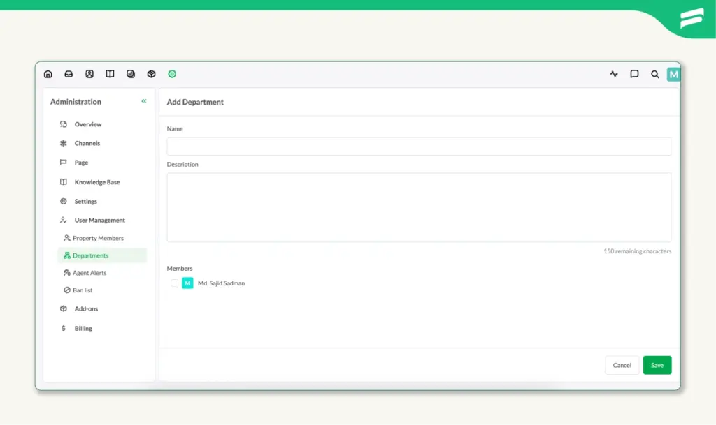 Tawk.to's Invite Add Department option