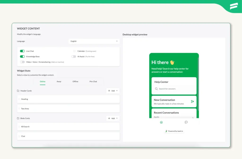 Tawk.to's widget content configuration