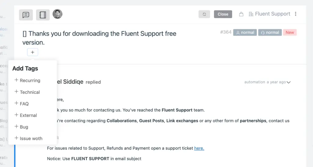 Add tag on ticket - Fluent Support.webp