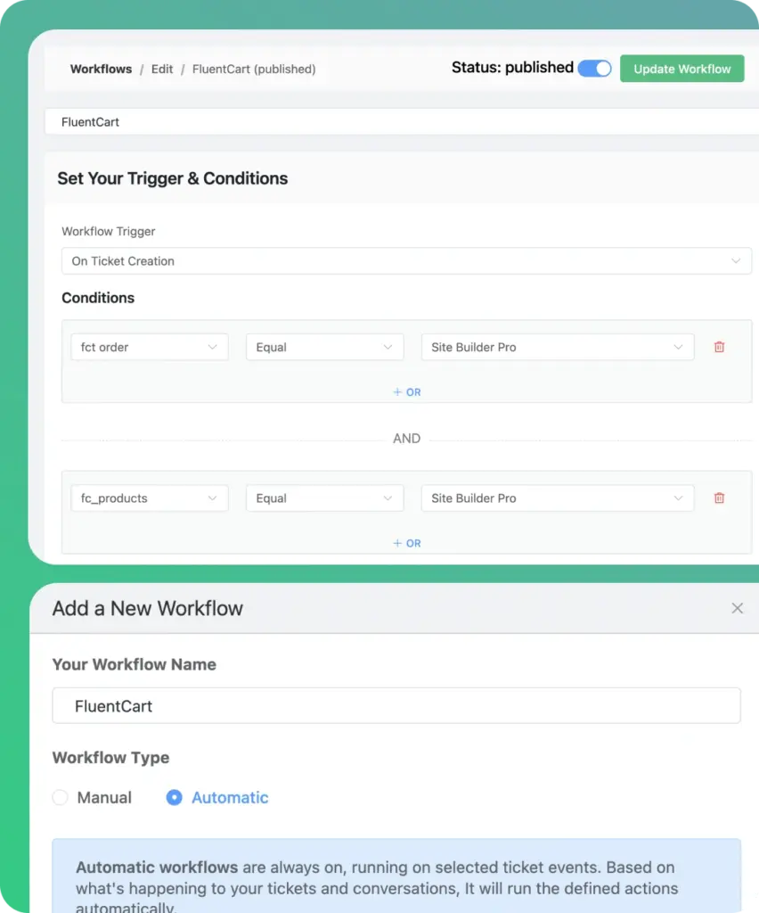 Order linked workflows, fluentcart automatic workflows for customer support