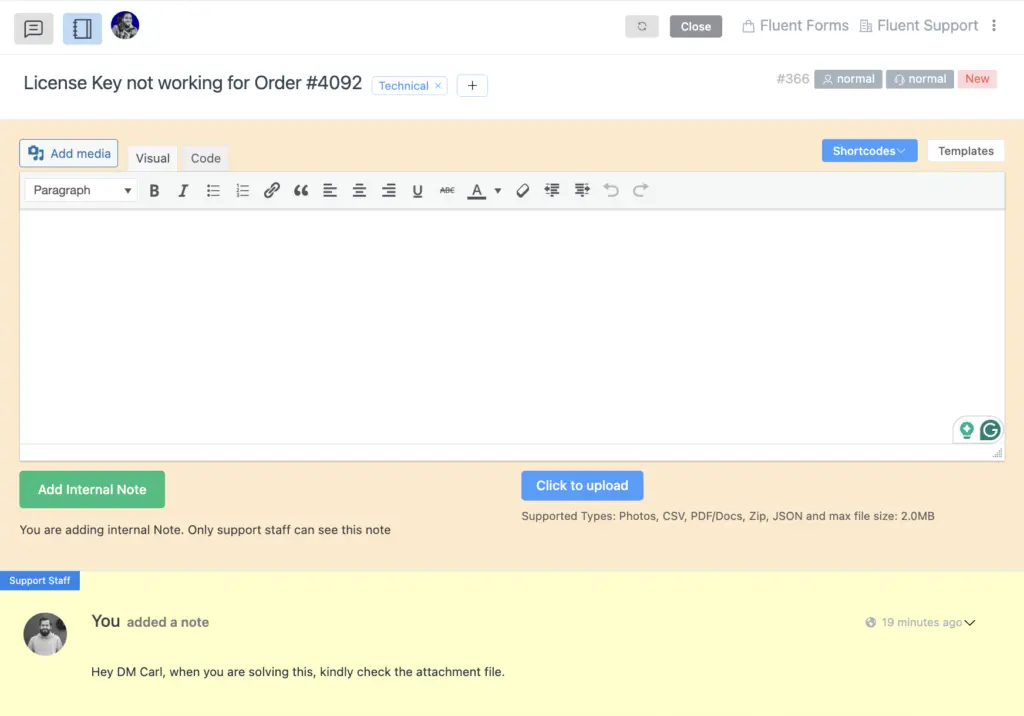 Fluent Support's internal notes option