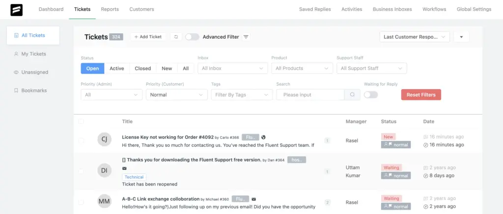 Fluent Support's ticket dashboard