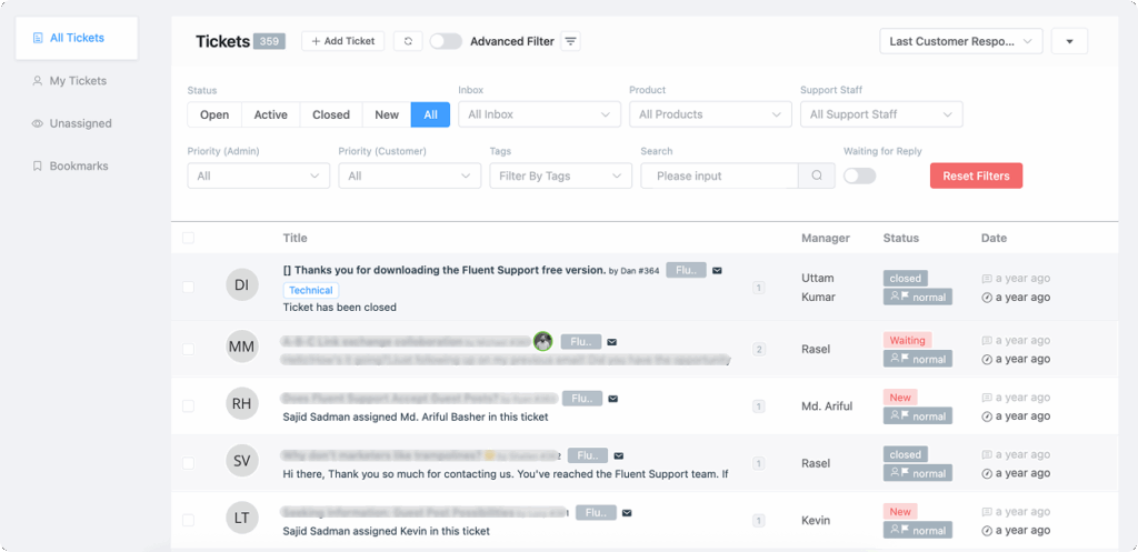 Fluent Support's ticket dashboard