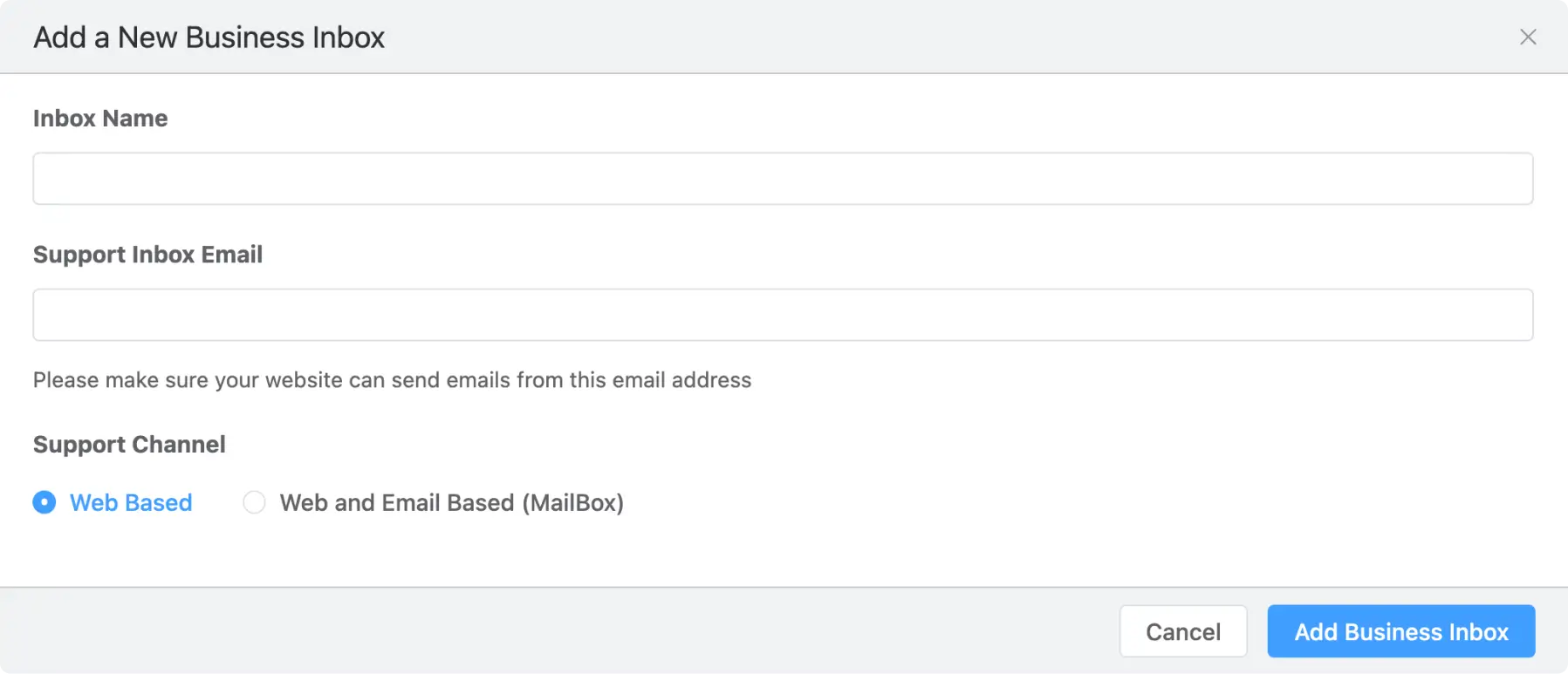 Fluent Support  Add New Business Inbox Popup interface before the 2.0 UI update