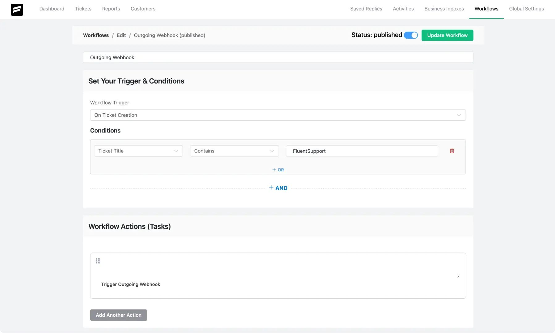 Automatic Workflow Setup interface of Fluent Support's previous version