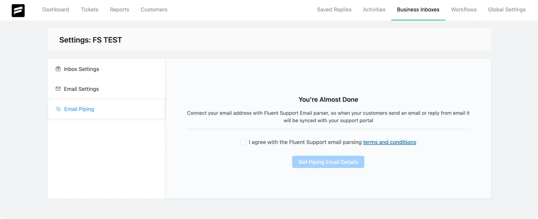 Email Piping interface of older version of Fluent Support