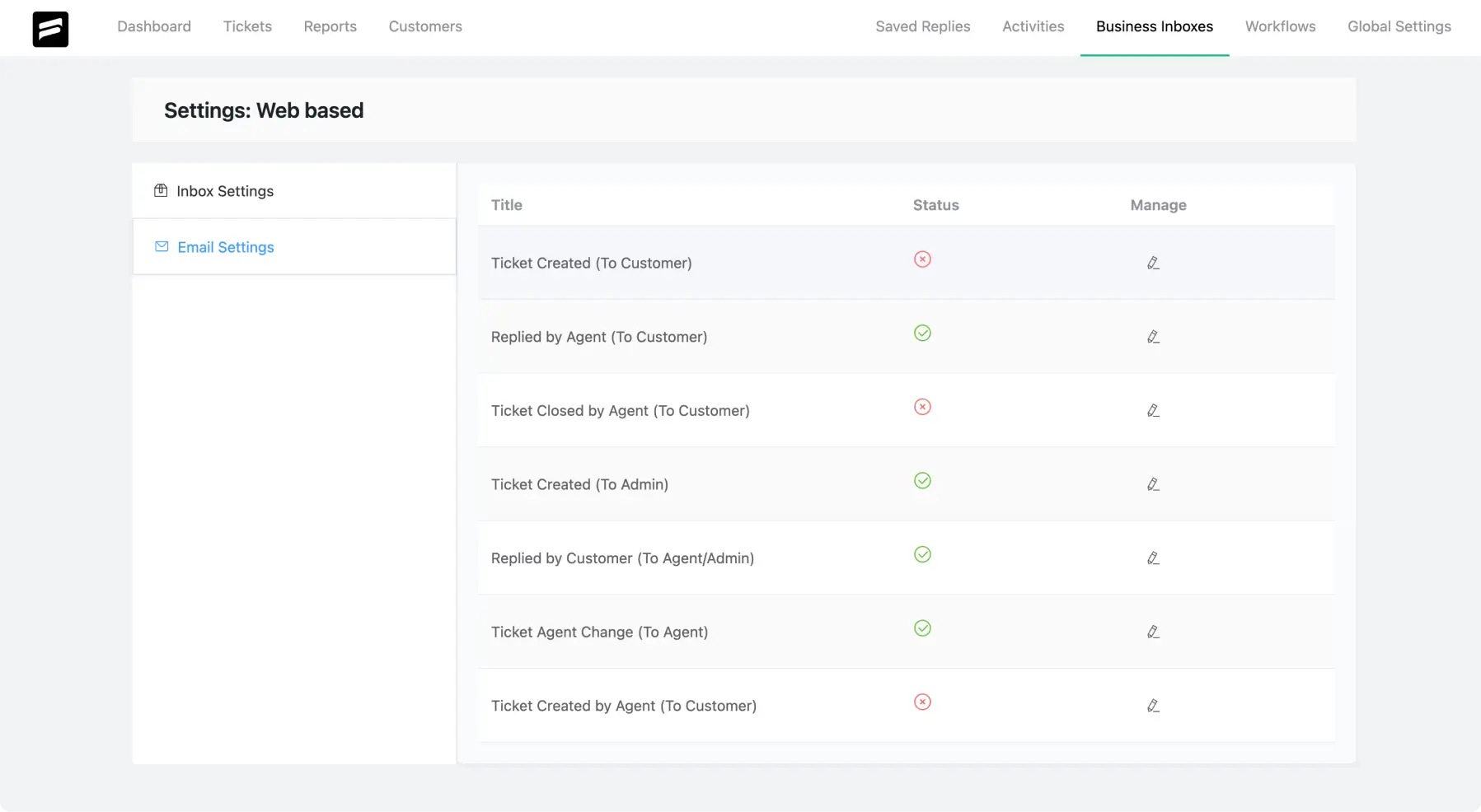 UI of Email Settings before the 2.0 UI update