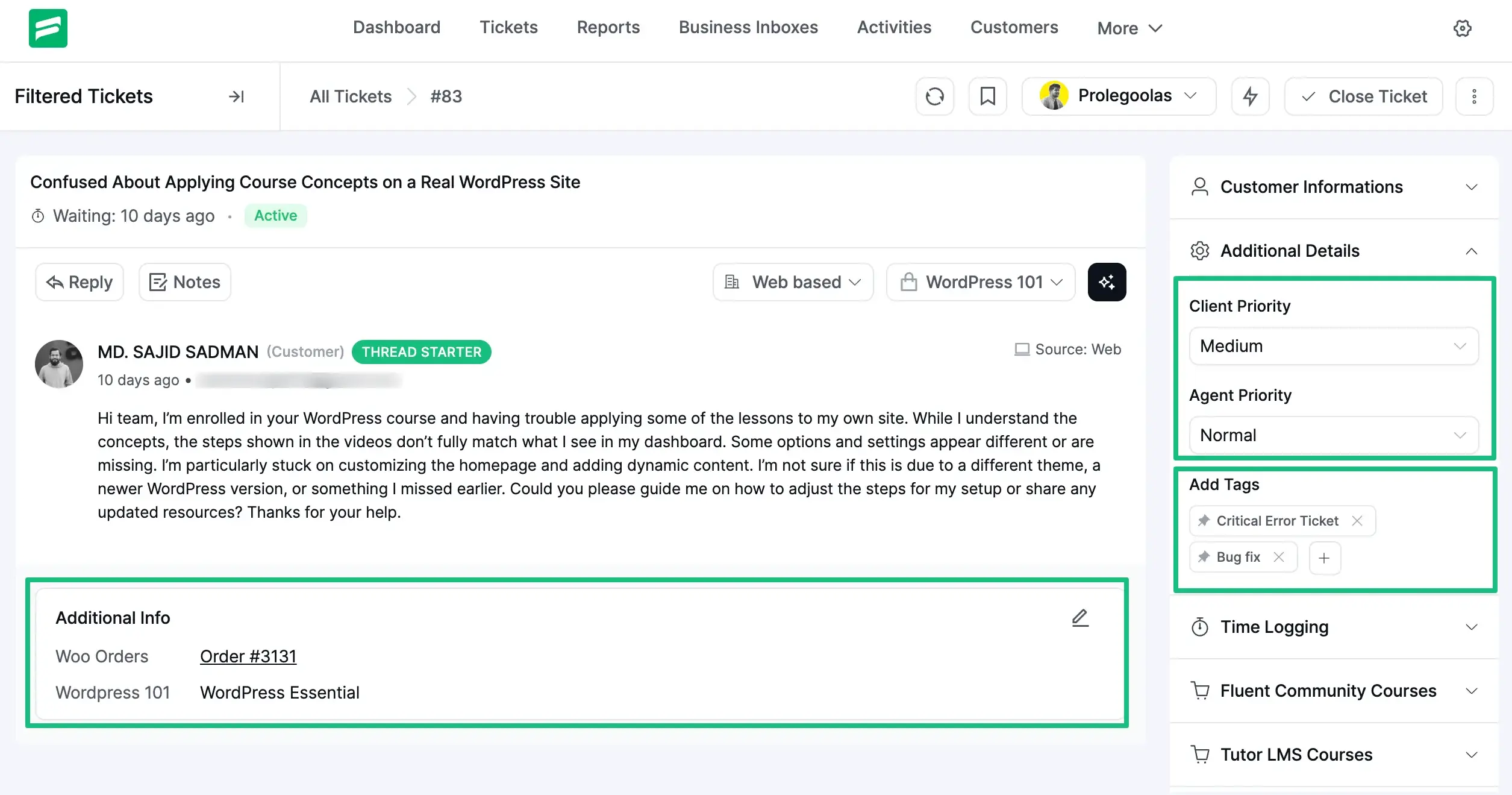 Inside ticket page -Fluent Support