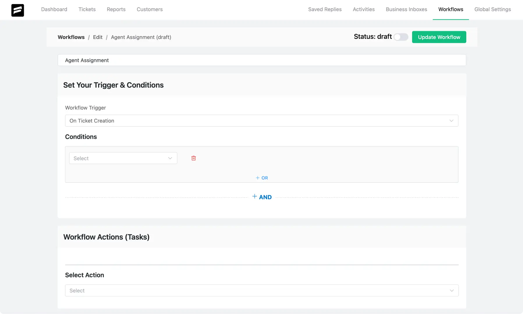 Manual Workflow Setup interface of Fluent Support's previous version