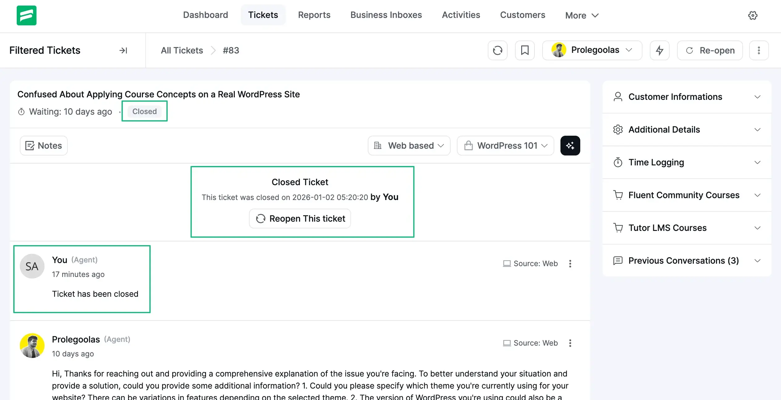 Ticket Closing option, Fluent Support