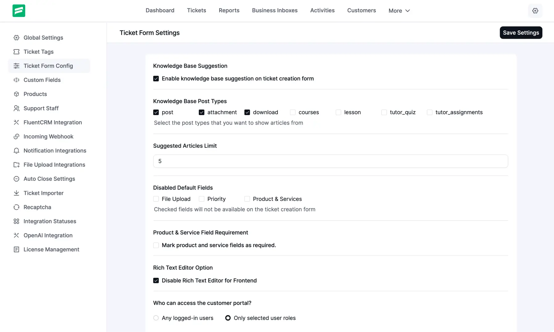 Fluent Support Ticket Form Config interface after the 2.0 UI update