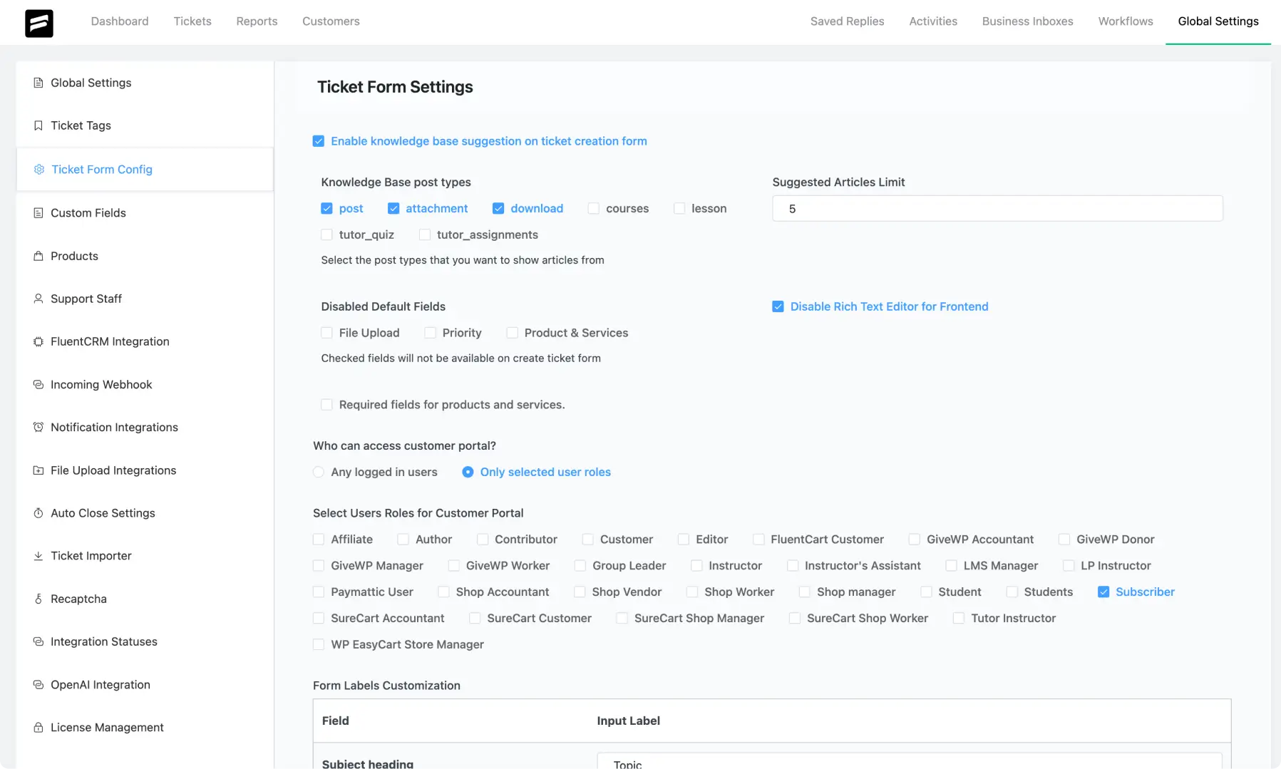 Fluent Support Ticket Form Config interface before the 2.0 UI update
