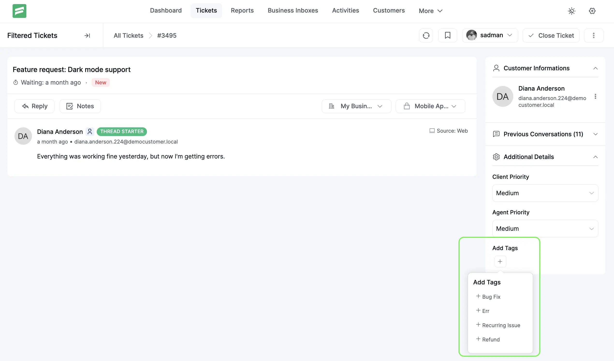 Ticket tags option inside ticket page