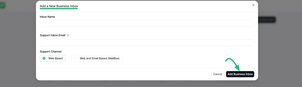 Add a New Business Inbox popup 