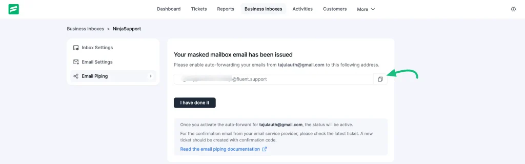 Copy email Address for email piping