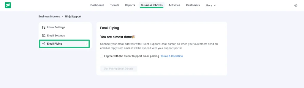 Email piping section, Fluent Support