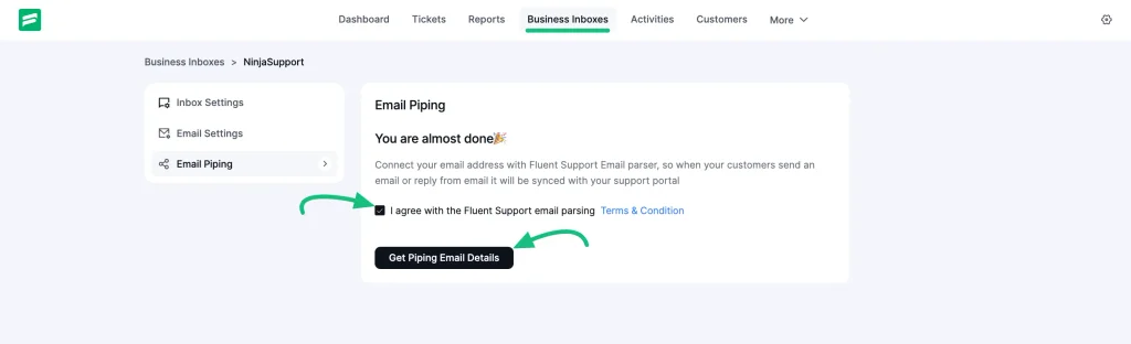 Get Email piping details option