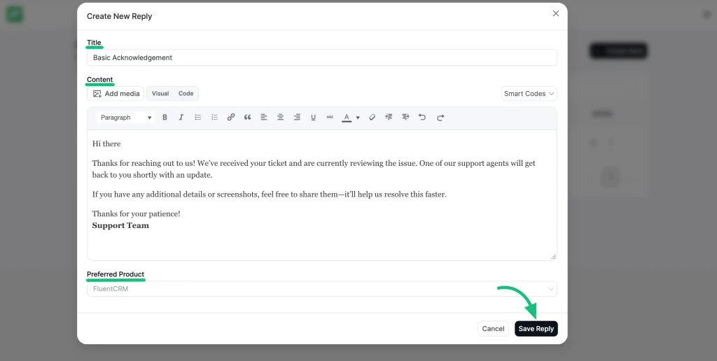 Fluent Support saved reply option popup